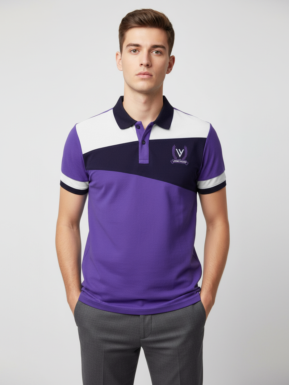 LV Summer Polo Shirt For Men-Purple with Navy & White Panel-BE3317