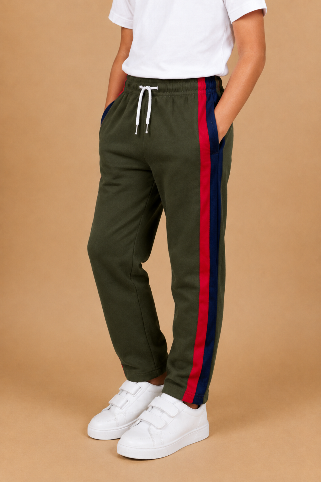 Premium Kids Lycra Trousers Dark Olive Green with Royal Blue ,Red,pink,Side panal Stripe p7