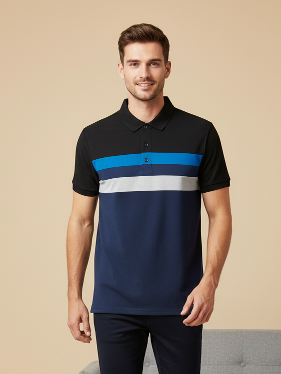 NXT Summer Polo Shirt For Men-Dark Navy With Black & White Stripe-BE707/BR12960