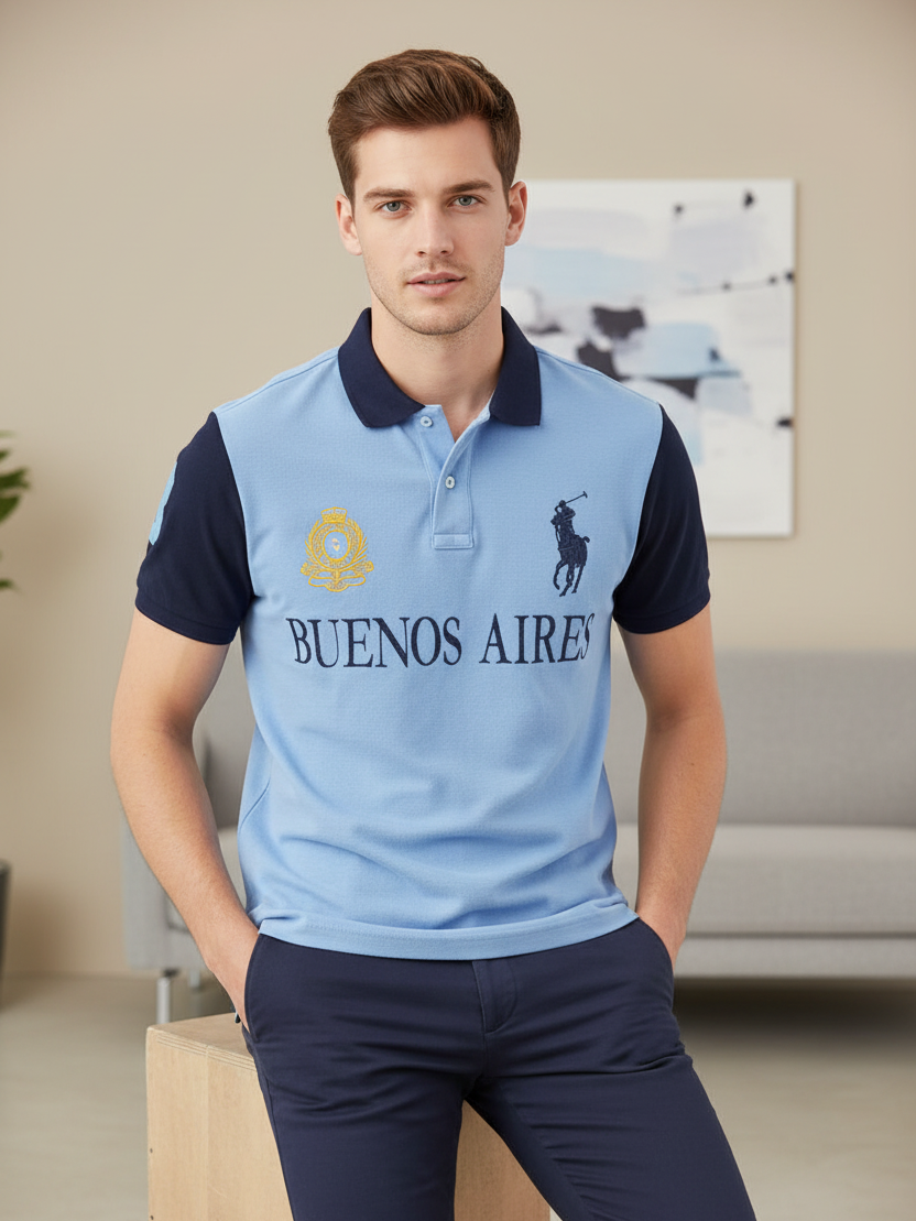 Summer Polo Shirt For Men-Light Blue & Navy-RT780