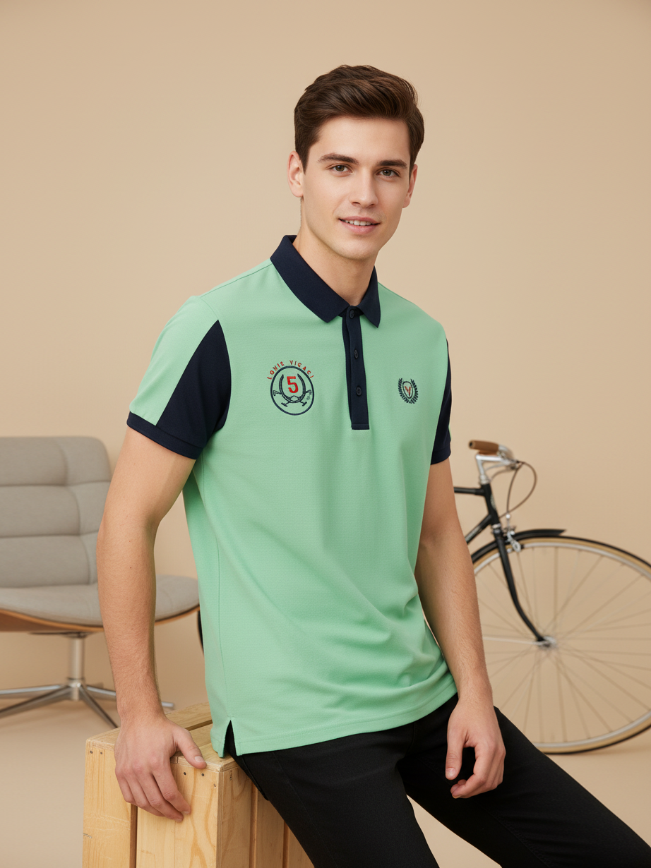 LV Summer Polo Shirt For Men-Light Green & Dark Navy-SP1573/RT2375