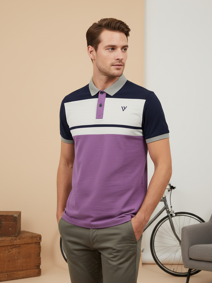 LV Summer Polo Shirt For Men-Light purple with Navy & Off White Panel-BE873