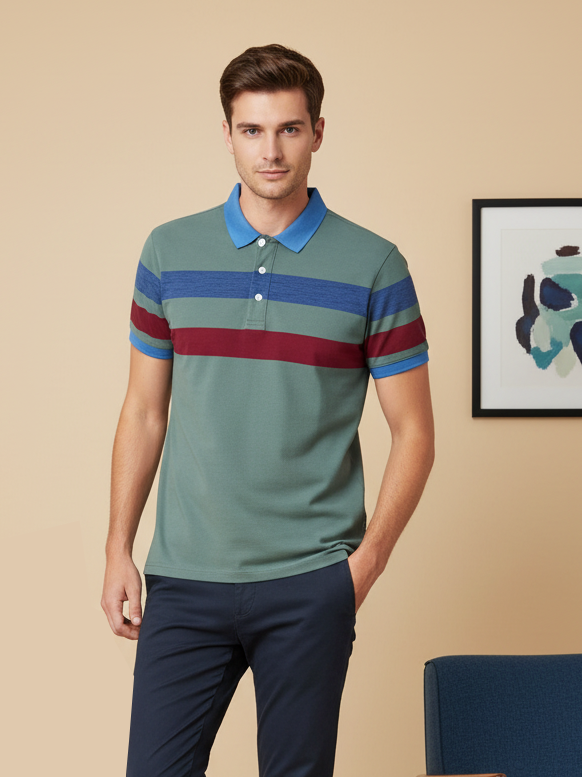 NXT Summer Polo Shirt For Men-Cyan Green with Blue & Red Stripe-BE739/BR12989