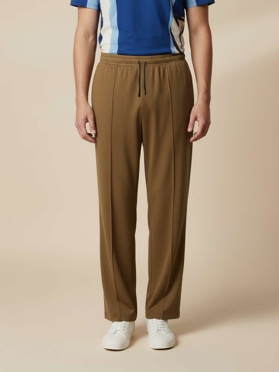 Stylish Wood Brown Wide-Leg Pleated Summer Lycra Trousers For Men-NST47
