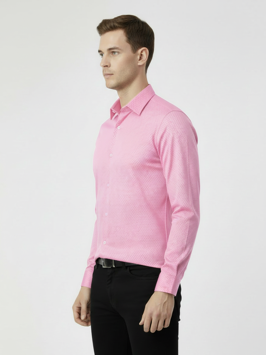 Rawgear 4 Side Lycra Slim Fit Long Sleeve Casual Shirt For Men-Pink With Dots-RG07