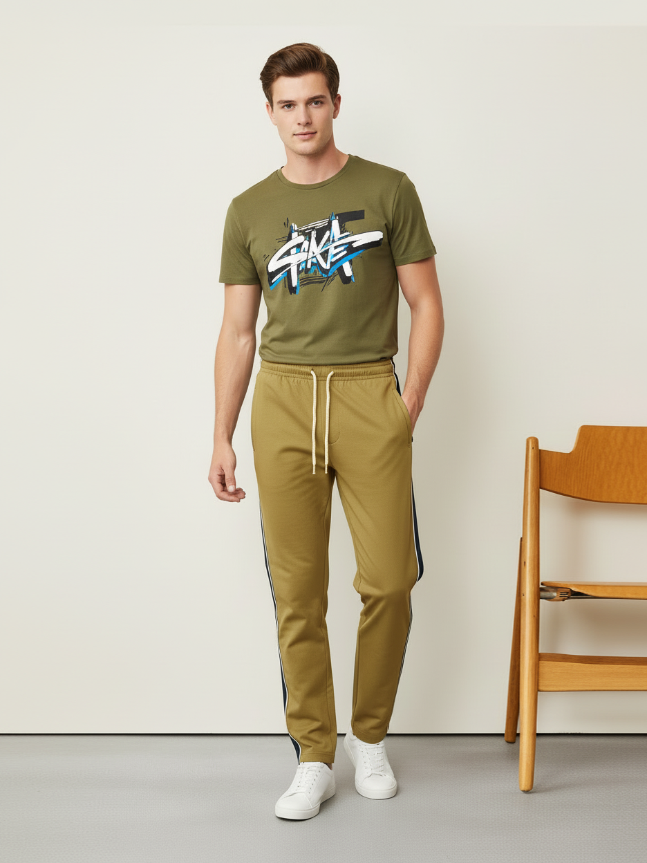 Louis Vicaci Slim Fit Active Wear Summer Trouser For Men-Golden with Black & White Stripes-NSK55)