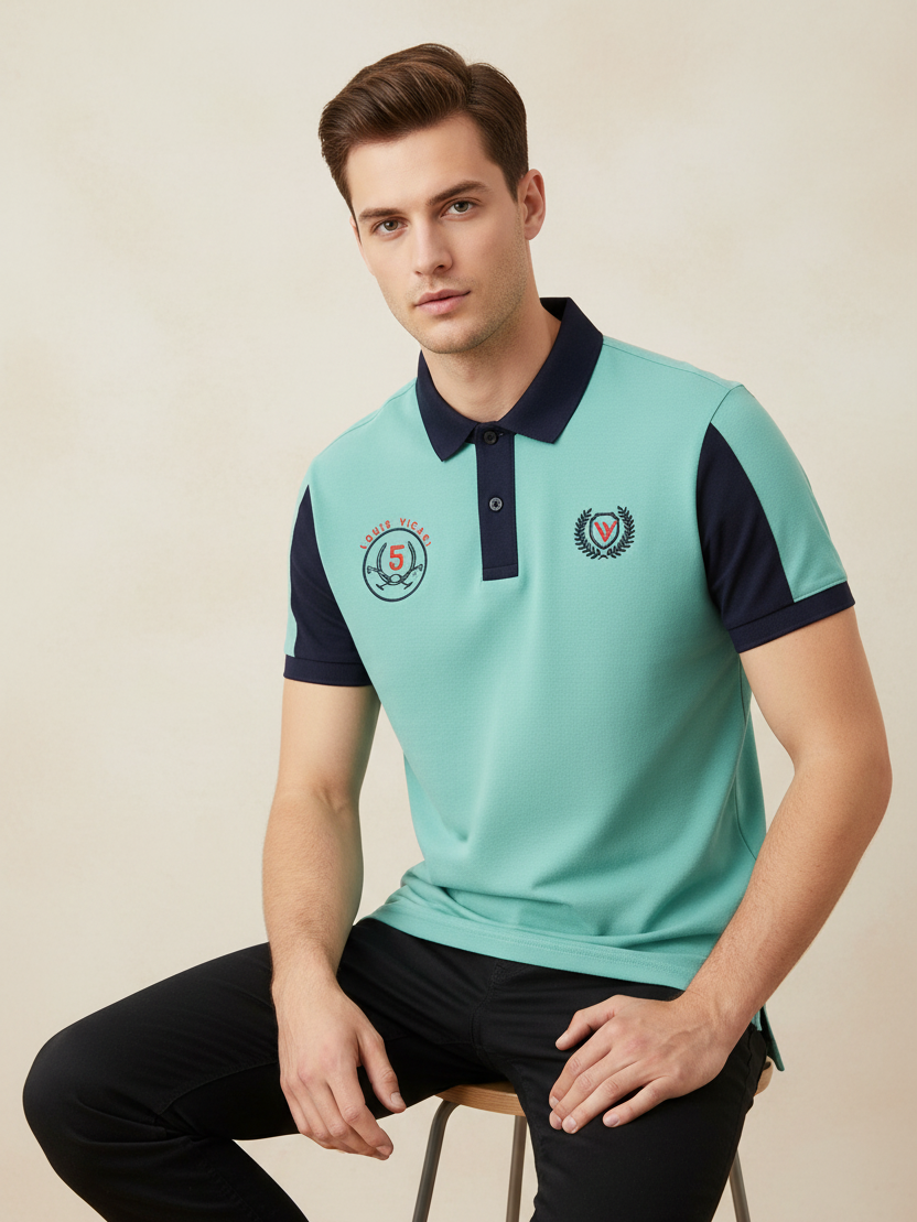 LV Summer Polo Shirt For Men-Light Sky & Dark Navy-BE849