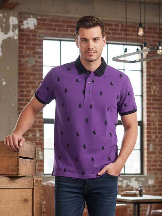 PRL Summer Polo Shirt For Men-Dark Purple Melange with Allover Print-BE718/BR12970