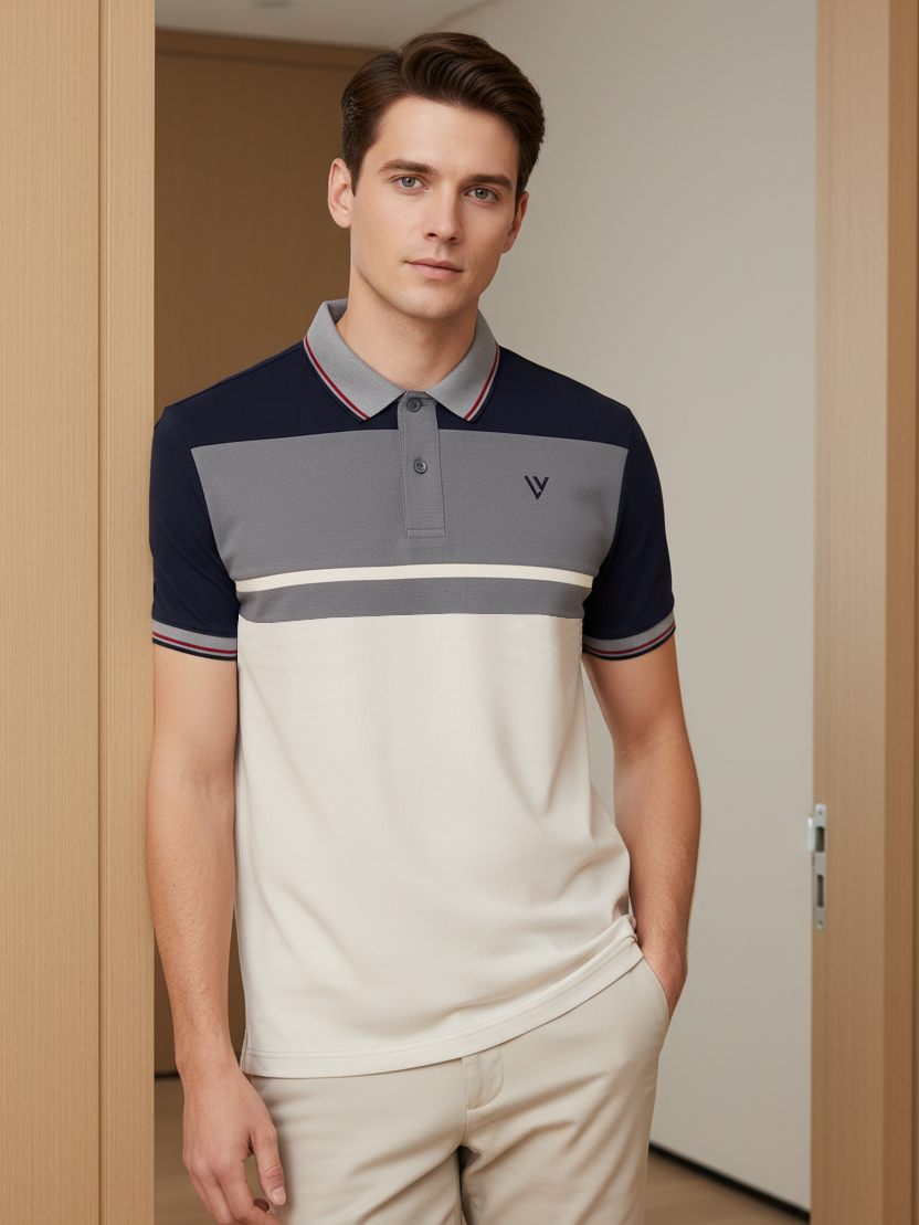 LV Summer Polo Shirt For Men-Off White with Grey & Navy Panel-BE877/BR13115