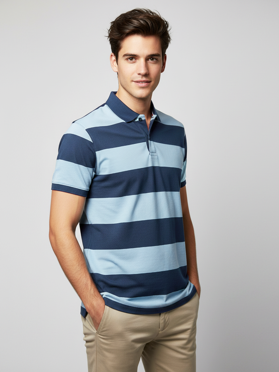 Stylish Summer Polo Shirt For Men-Blue & Sky Striper-NSK61