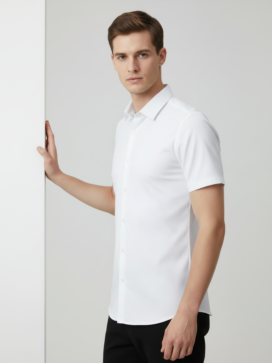 Louis Vicaci Super Stretchy Slim Fit Half Sleeve Summer Formal Casual Shirt For Men-White-BR572