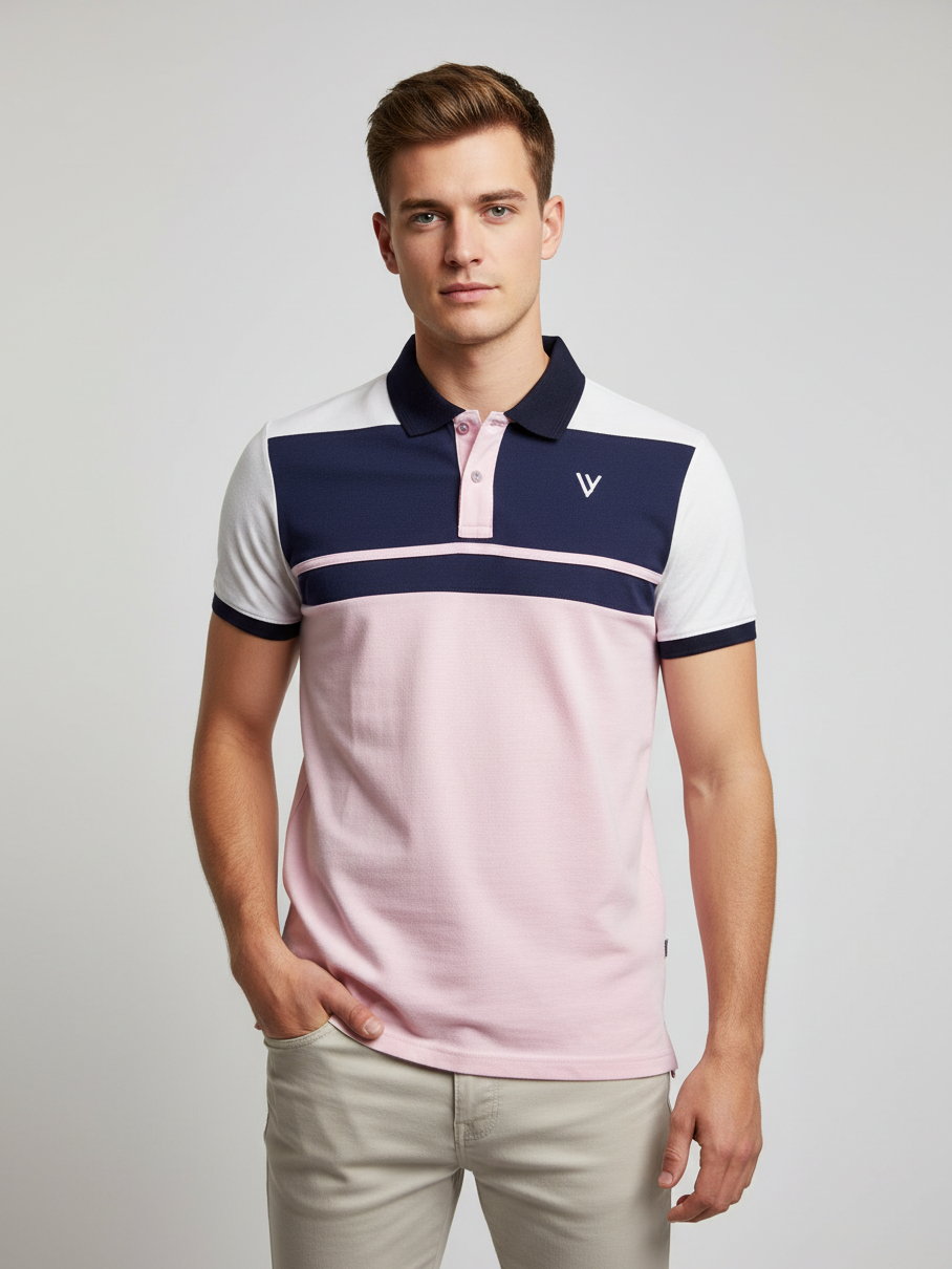 LV Summer Polo Shirt For Men-Light Pink & White Panel-BE9308