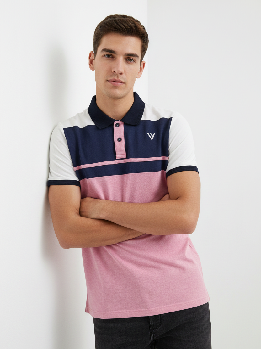 LV Summer Polo Shirt For Men-Pink & White Panel-BE6587