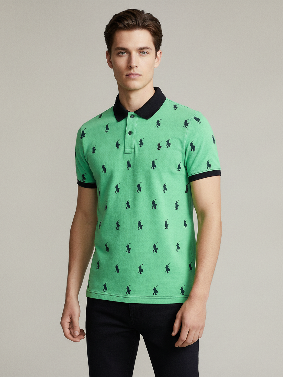 PRL Summer Polo Shirt For Men-Lime Green with Allover Print-NSK59
