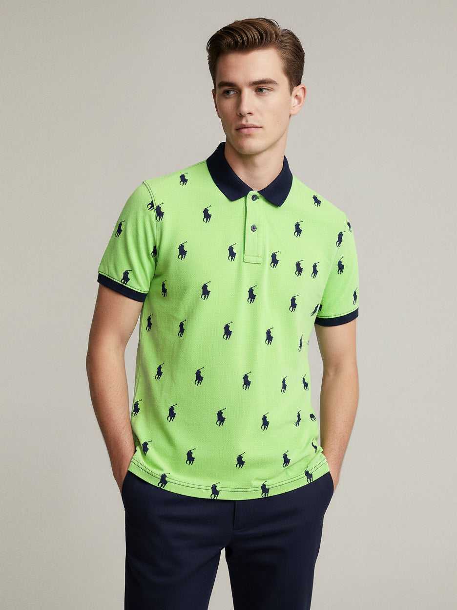 PRL Summer Polo Shirt For Men-Green with Allover Print-NSK56