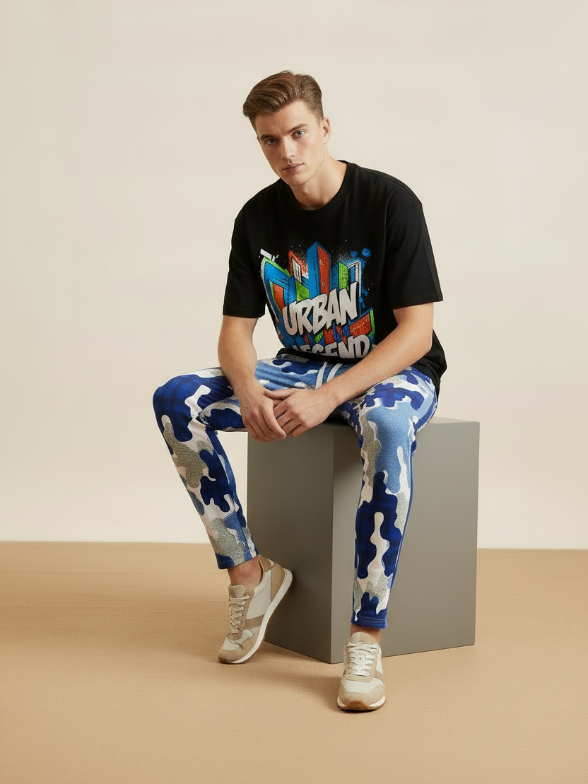 Louis Vicaci Slim Fit Single jersey Trouser Pent For Men-Blue Camouflage Print-BR522