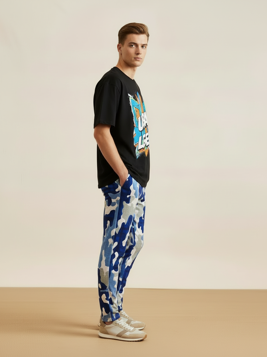 Louis Vicaci Slim Fit Single jersey Trouser Pent For Men-Blue Camouflage Print-BR522