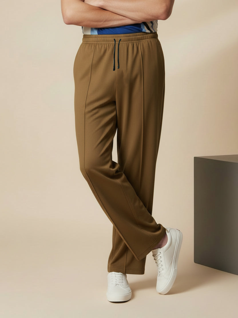 Stylish Wood Brown Wide-Leg Pleated Summer Lycra Trousers For Men-NST47