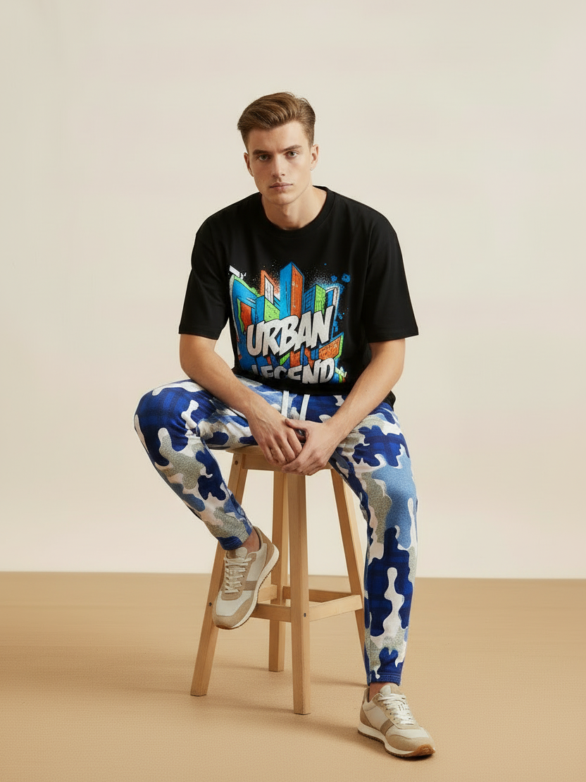 Louis Vicaci Slim Fit Single jersey Trouser Pent For Men-Blue Camouflage Print-BR522