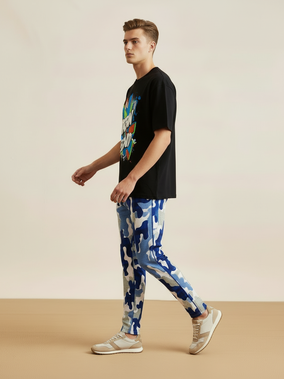 Louis Vicaci Slim Fit Single jersey Trouser Pent For Men-Blue Camouflage Print-BR522