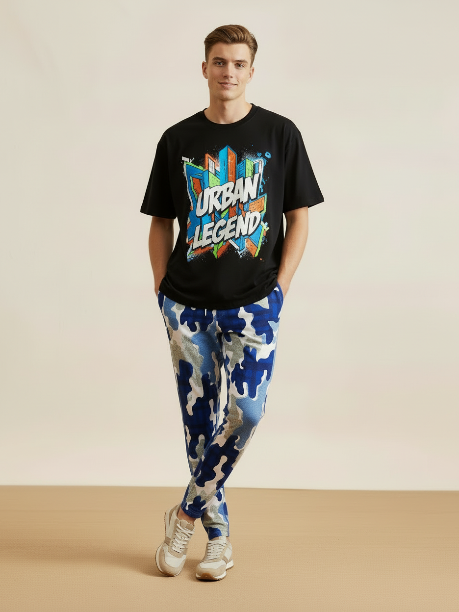Louis Vicaci Slim Fit Single jersey Trouser Pent For Men-Blue Camouflage Print-BR522