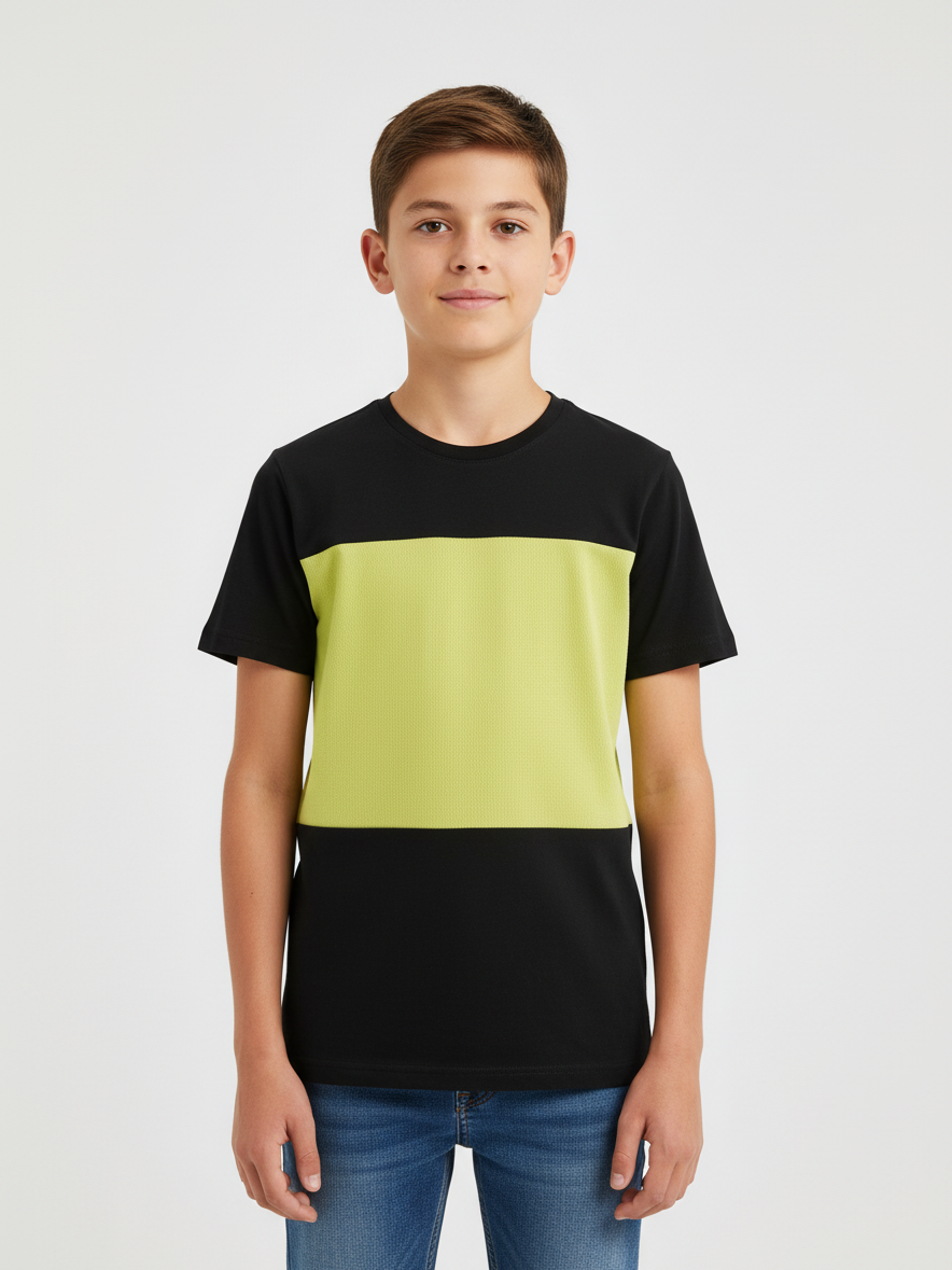NK Crew Neck Single Jersey Tee Shirt For Kids-Black with Yellow Texture Panel-SP2225