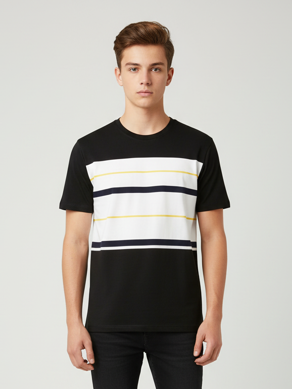NXT Crew Neck Single Jersey Tee Shirt For Kids-Black & White Panel with Stripes-SP2240