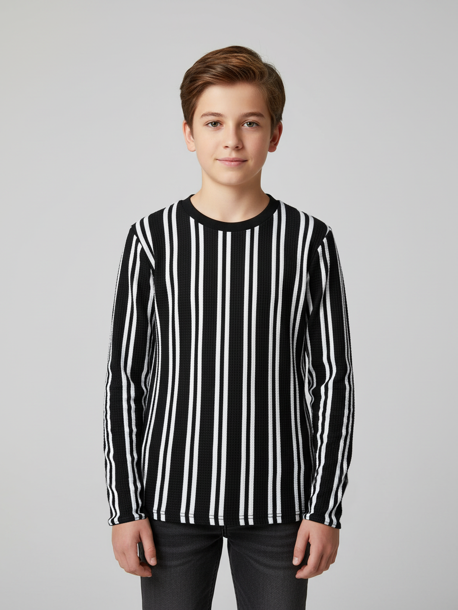 LV Crew Neck Long Sleeve Thermal Tee Shirt For Kids-Black & White Lining-BE974/BR13221