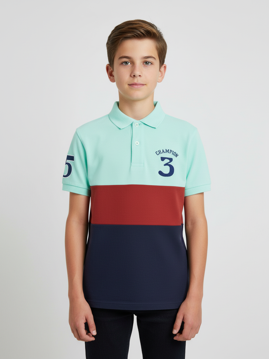 Champion Single Jersey Polo Shirt For Kids-Light Sea Green & Red with Navy Melange Panels-SP1680/RT2402