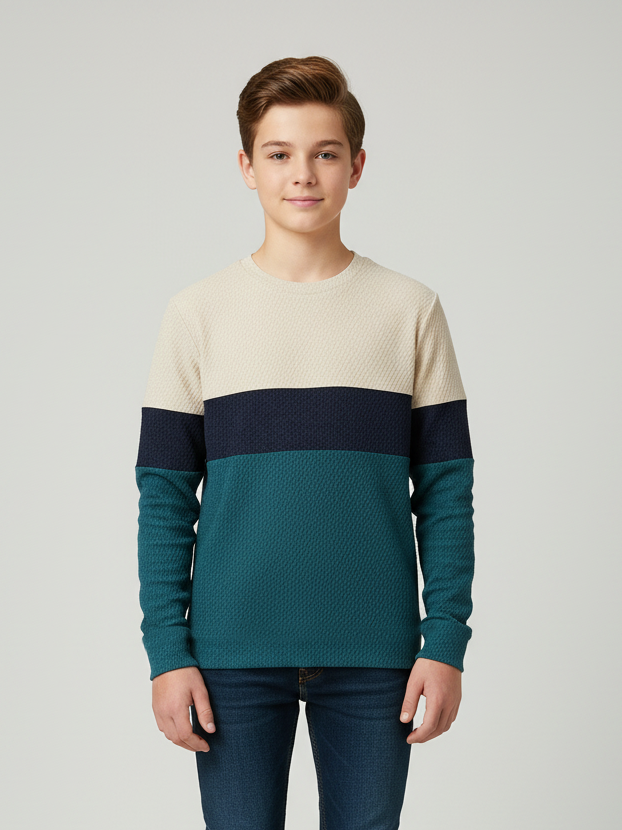 LV Crew Neck Long Sleeve Thermal Tee Shirt For Kids-Off White with Navy & Zinc-BE972/BR13219