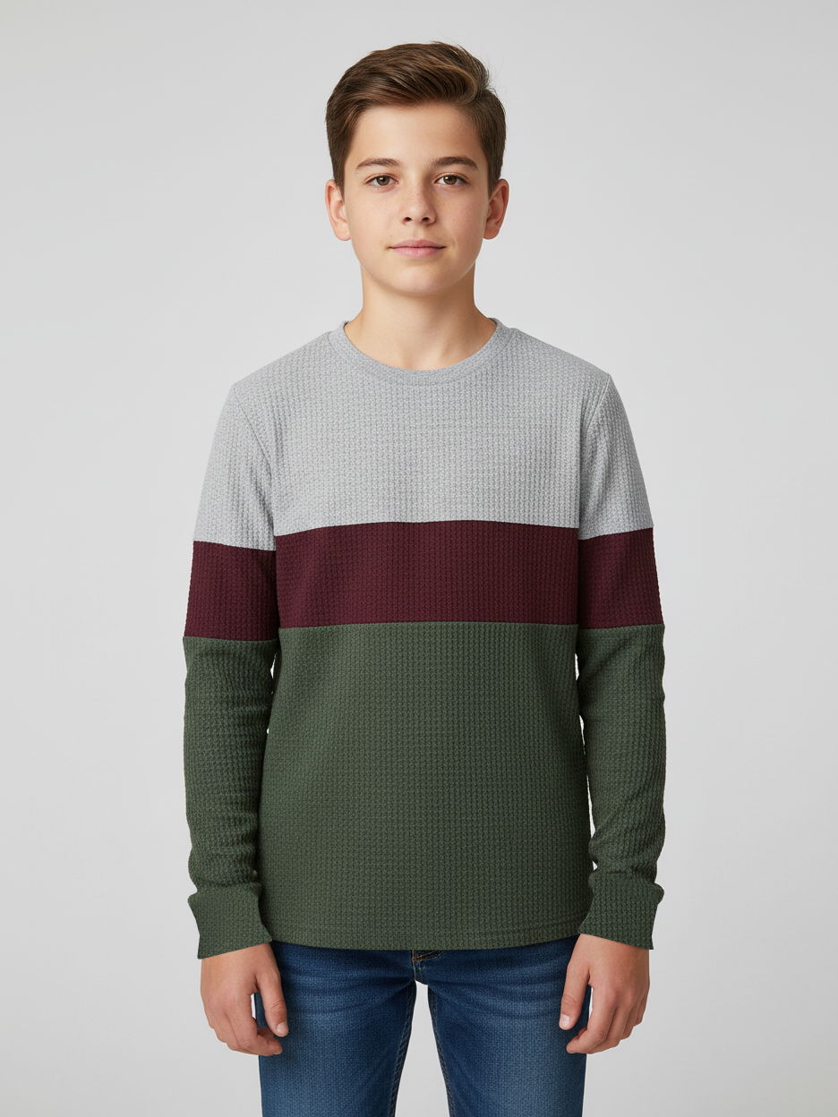 LV Crew Neck Long Sleeve Thermal Tee Shirt For Kids-Grey with Maroon & Dark Green-BE971/BR13218