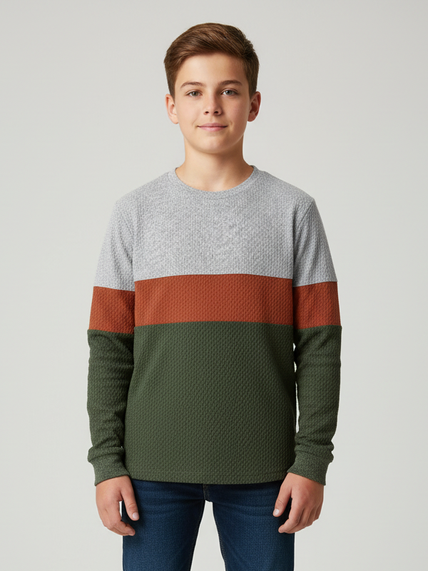 LV Crew Neck Long Sleeve Thermal Tee Shirt For Kids-Grey with Orange & Green-BE973/BR13220