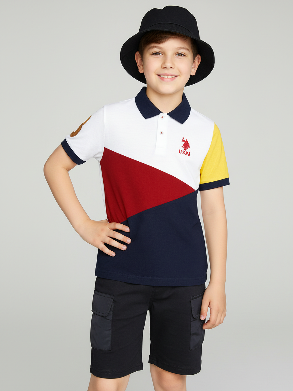 USPA Half Sleeve P.Q Polo Shirt For Kids-White with Red & Navy-BR564