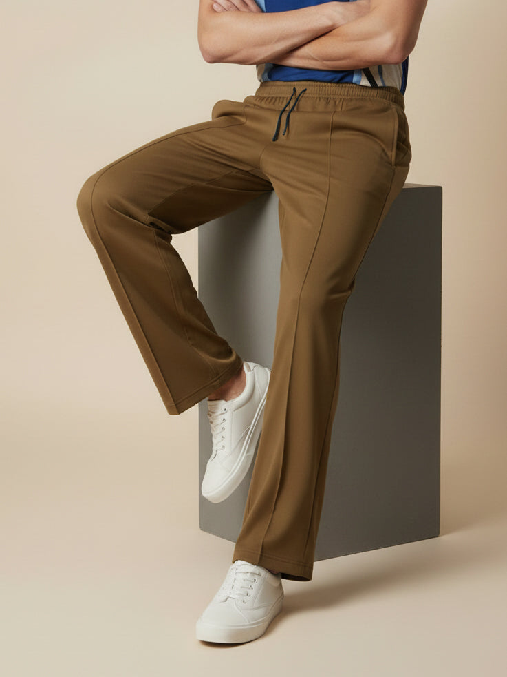 Stylish Wood Brown Wide-Leg Pleated Summer Lycra Trousers For Men-NST47