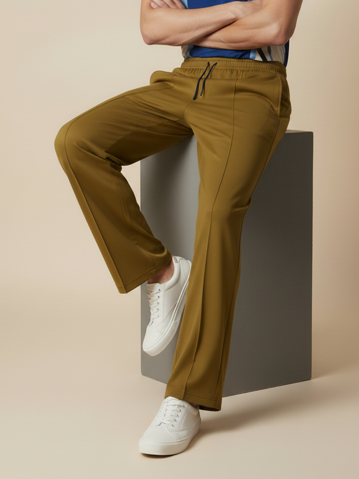 Stylish Khaki Wide-Leg Pleated Summer Lycra Trousers For Men-NST15