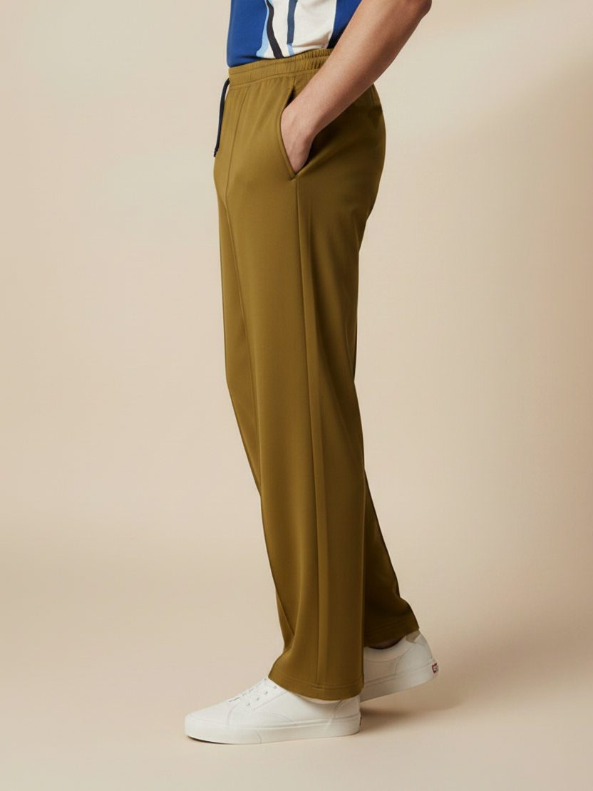 Stylish Khaki Wide-Leg Pleated Summer Lycra Trousers For Men-NST15