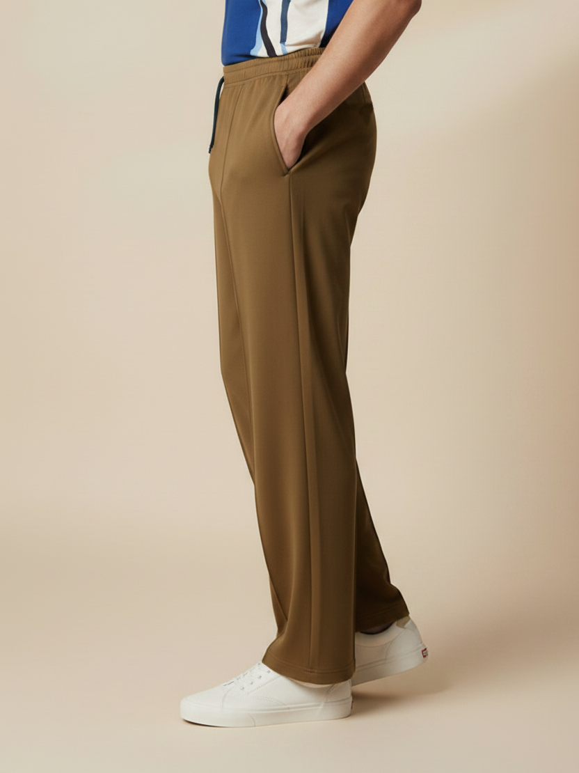 Stylish Wood Brown Wide-Leg Pleated Summer Lycra Trousers For Men-NST47