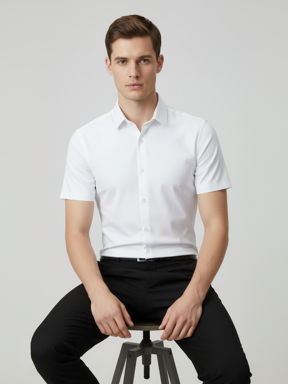 Louis Vicaci Super Stretchy Slim Fit Half Sleeve Summer Formal Casual Shirt For Men-White-BR572