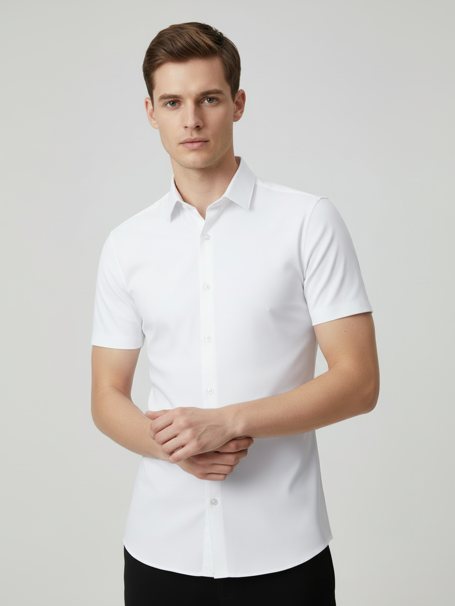 Louis Vicaci Super Stretchy Slim Fit Half Sleeve Summer Formal Casual Shirt For Men-White-BR572