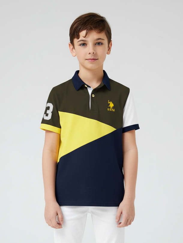 USPA Half Sleeve P.Q Polo Shirt For Kids-Navy with Olive Green & Yellow-BR566