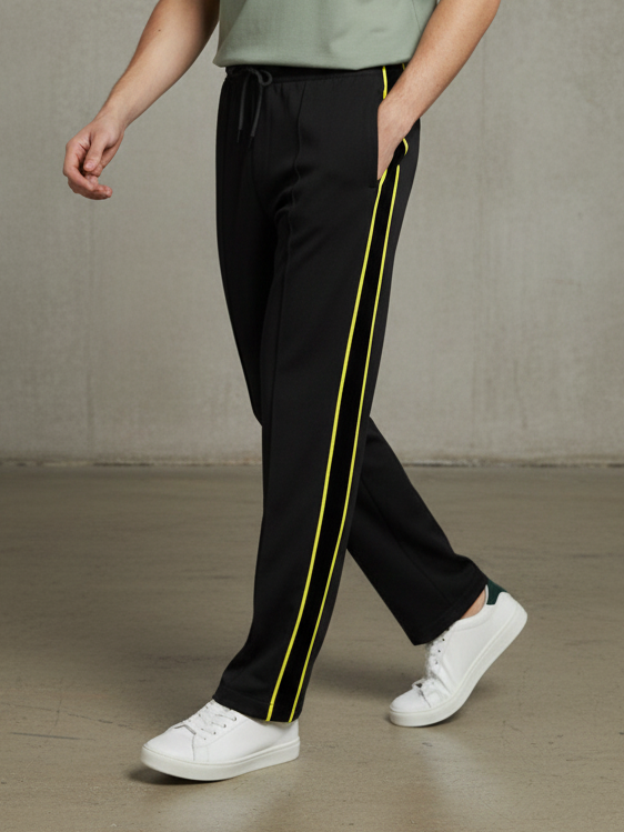 Stylish Regular Fit Summer Trouser For Men-Black With Yellow Stripers-NST42
