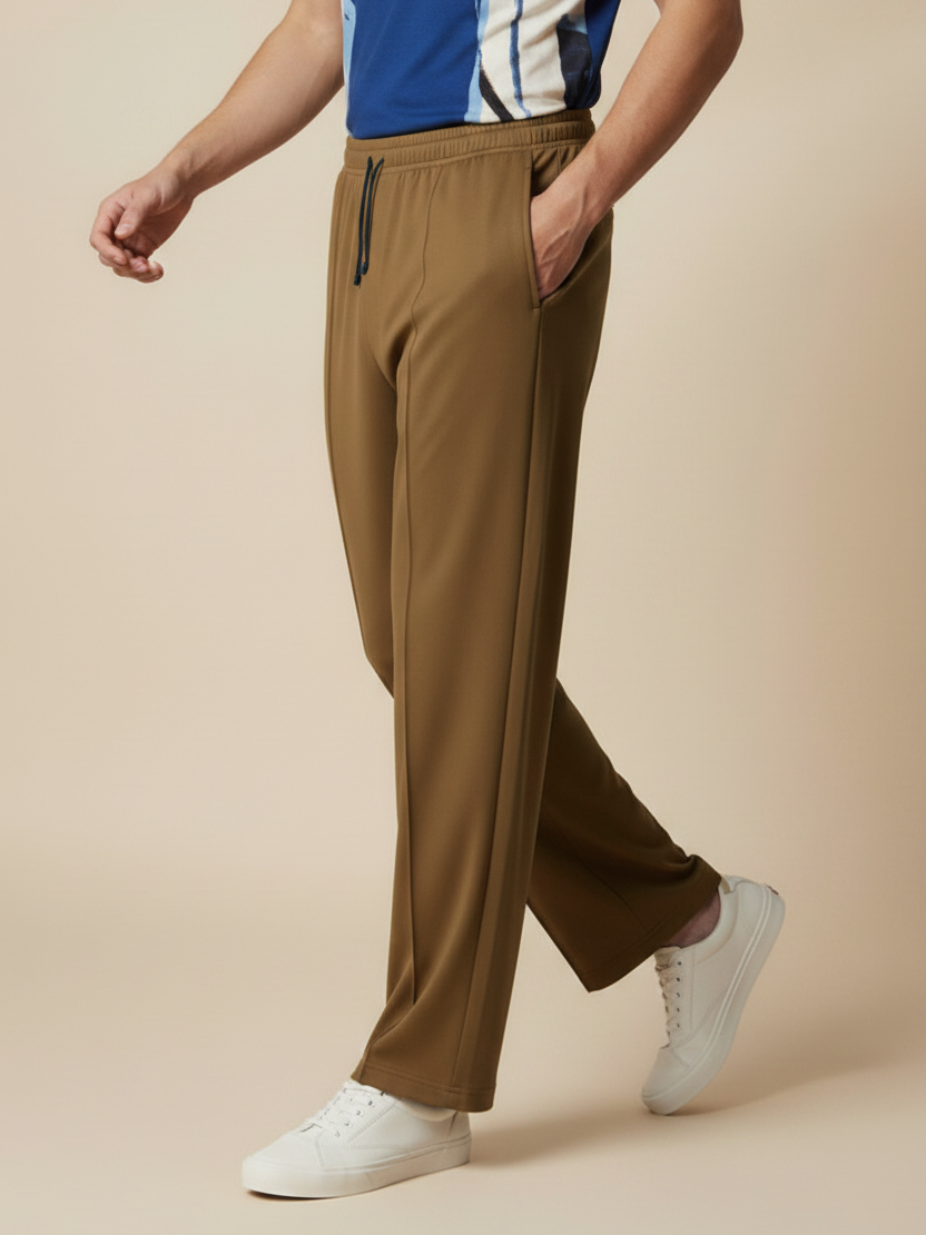 Stylish Wood Brown Wide-Leg Pleated Summer Lycra Trousers For Men-NST47