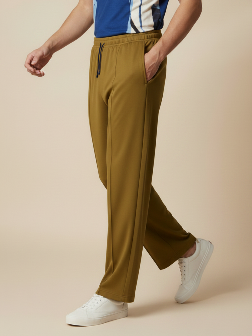 Stylish Khaki Wide-Leg Pleated Summer Lycra Trousers For Men-NST15
